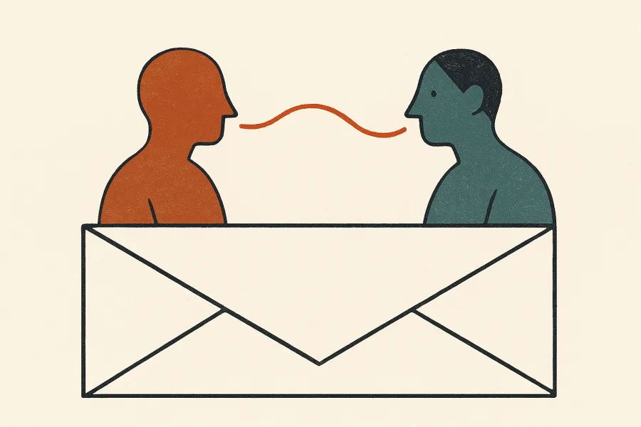 Two figures in dialogue linked by a warm ember thread.