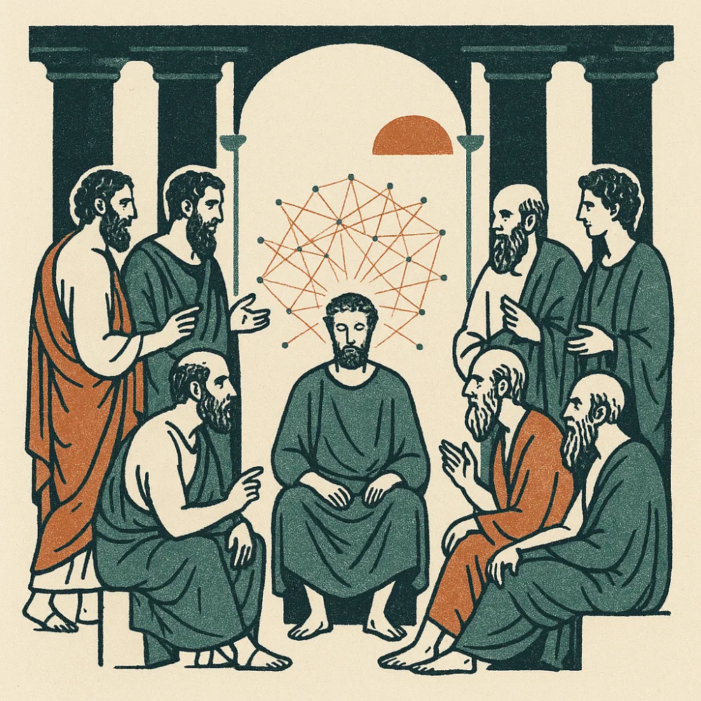A circle of Greek philosophers in dialogue; the central thinker haloed by a constellation of all human writing.