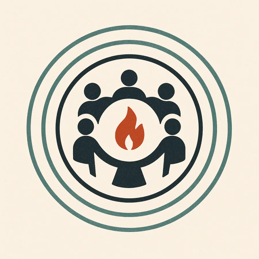 A circle of people around an ember flame within concentric rings — community-first support widening to registered providers.