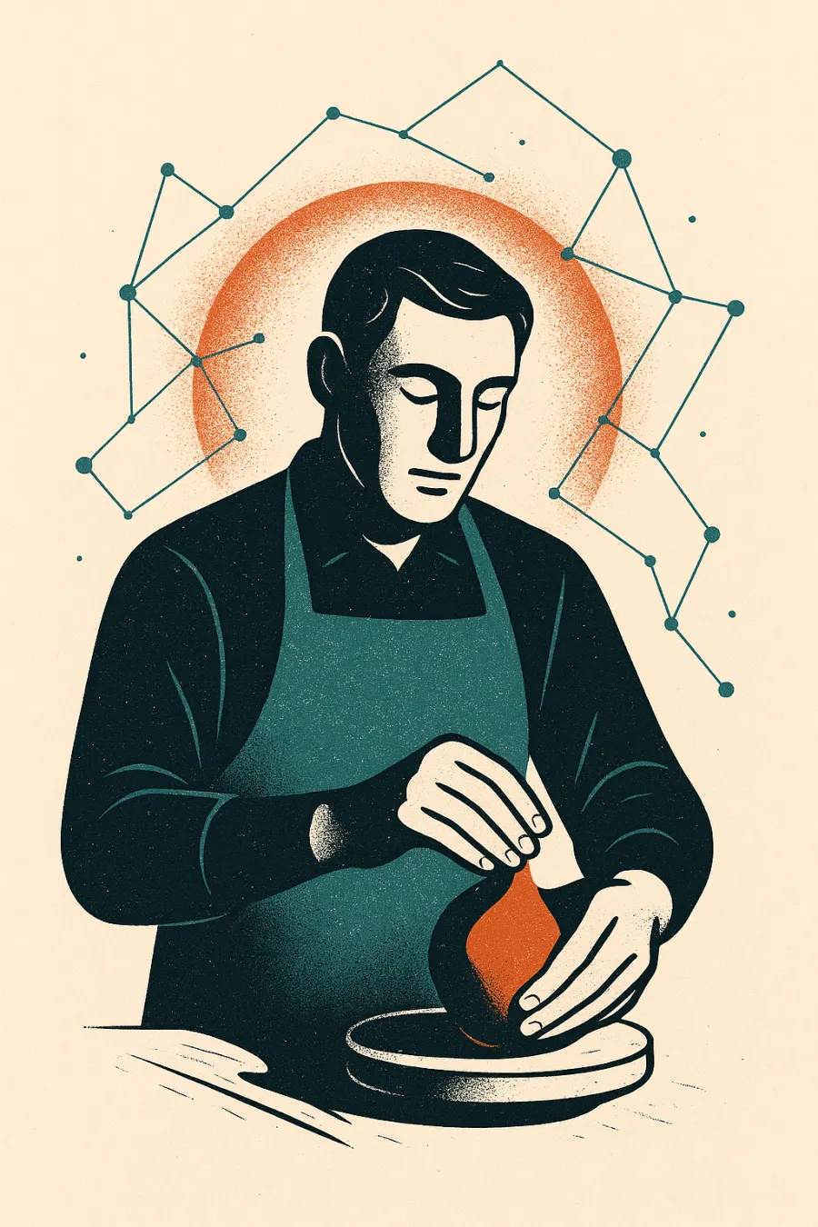 A craftsperson at work haloed by an ember glow and AI constellation lines — craft amplified, not replaced.