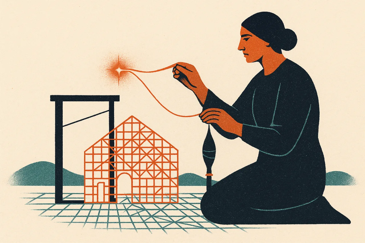 A spinner drawing a glowing ember thread from a spark and weaving it into the lattice of a living structure.